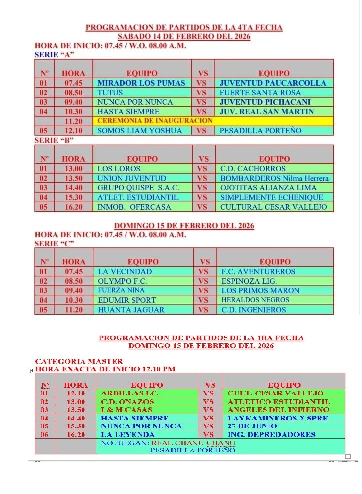 PROGRAMACION DE PARTIDOS Y GRAN INAUGURACION